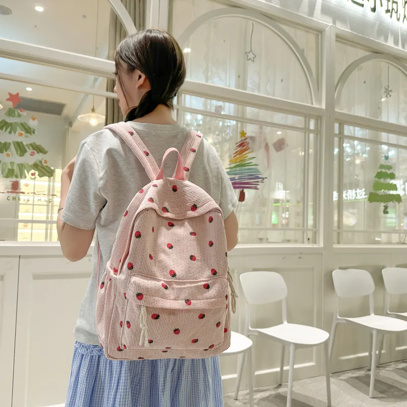 Meow In The Grass Corduroy Backpack Women's Black/White/Light Pink/Dark Pink/Green/Coffee-15