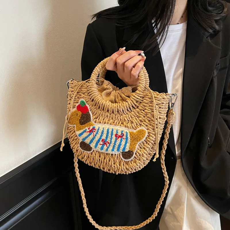 Meow In The Grass Straw Woven Shoulder Bag, Crossbody Bag, Handbag Women's Ecru/Khaki-6