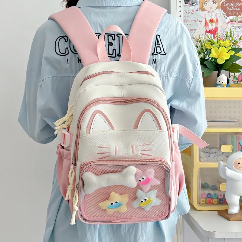 Meow In The Grass Nylon Backpack Regular Women's Blue/Khaki/Red/Pink/Black-20