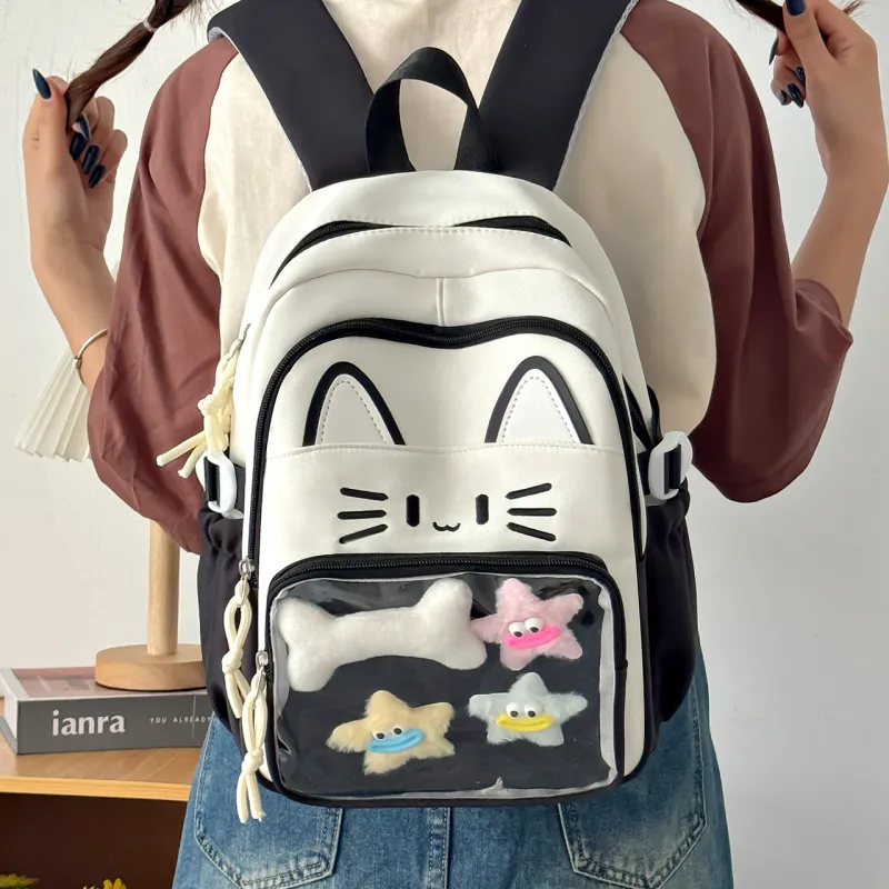 Meow In The Grass Nylon Backpack Regular Women's Blue/Khaki/Red/Pink/Black-25