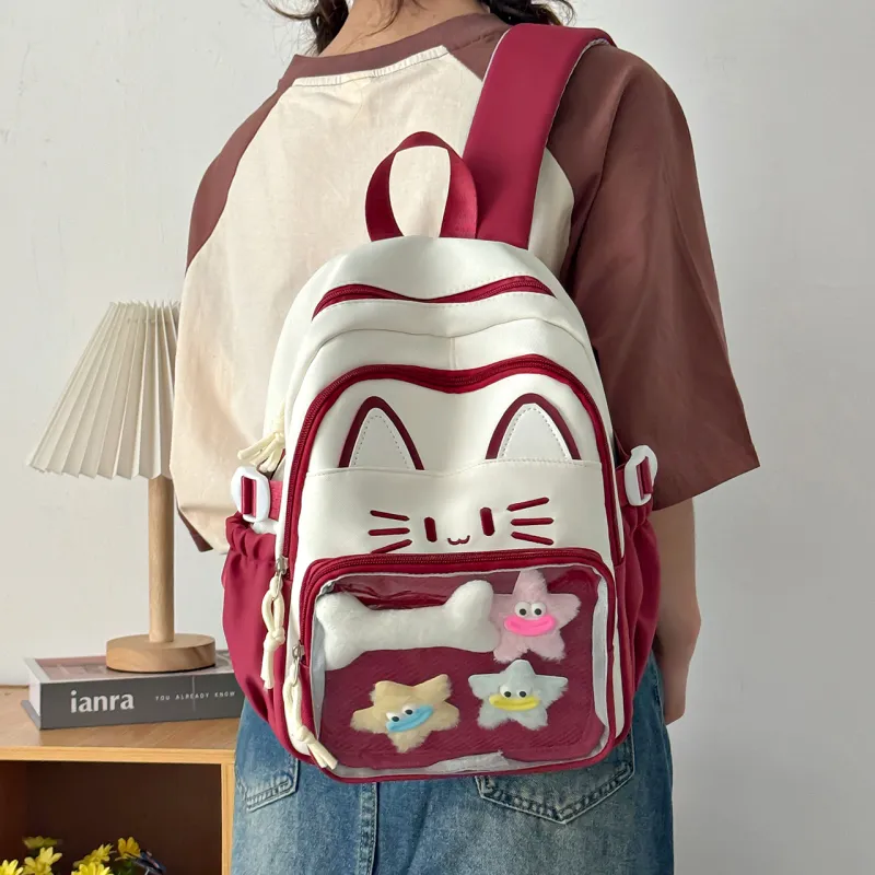 Meow In The Grass Nylon Backpack Regular Women's Blue/Khaki/Red/Pink/Black-13