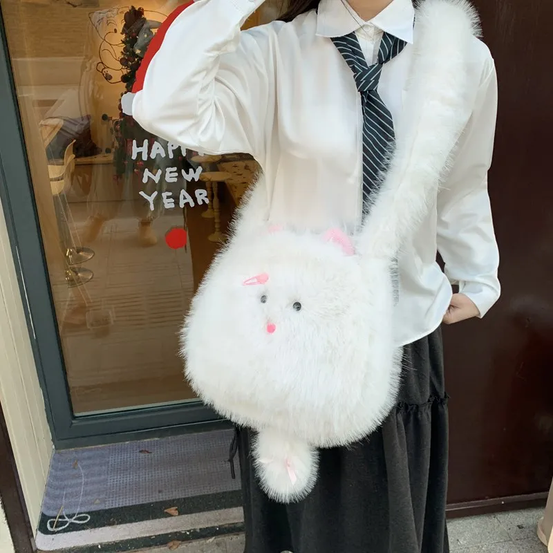 Meow In The Grass Plush Shoulder Bag Crossbody Bag Women's White-5