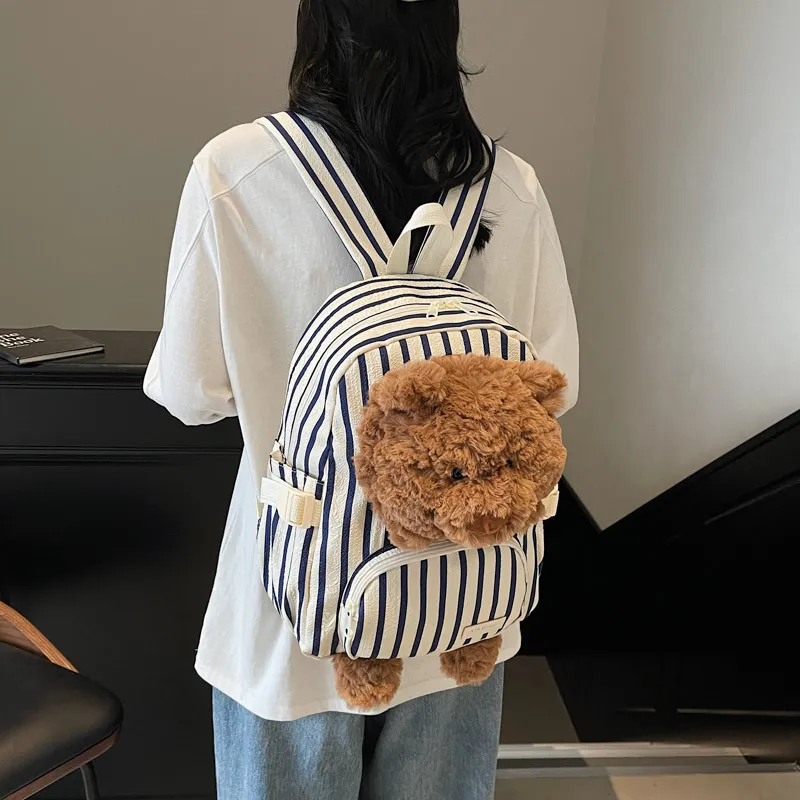 Meow In The Grass Canvas Backpack Women's Vertical Stripes/Khaki/Ecru-5