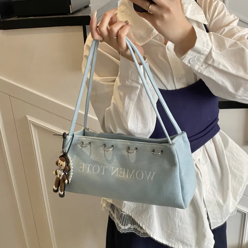 Meow In The Grass Denim One Shoulder Handbag Women's Multicolor-17