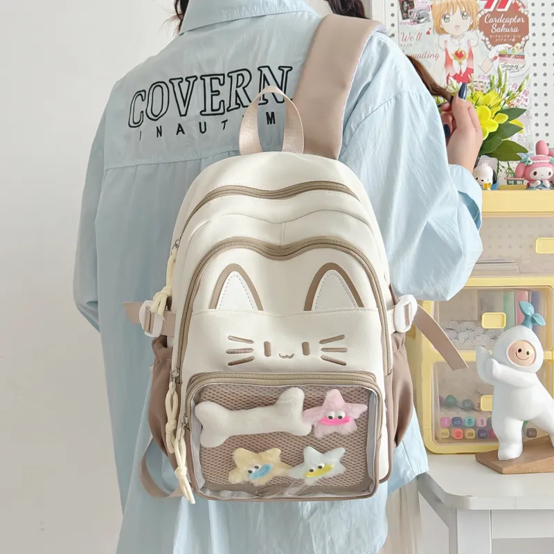 Meow In The Grass Nylon Backpack Regular Women's Blue/Khaki/Red/Pink/Black-7