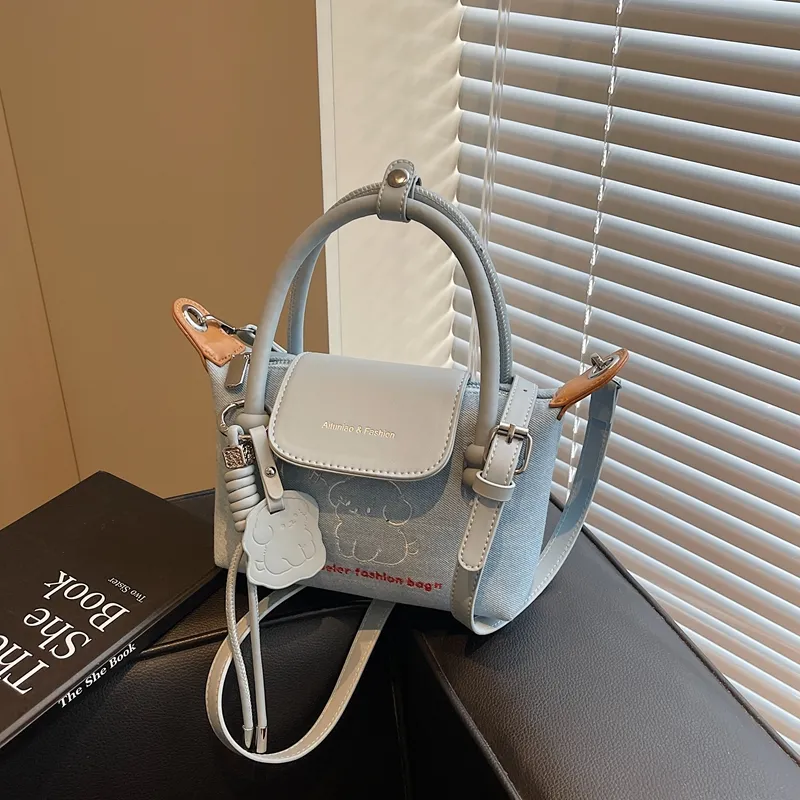 Meow In The Grass Denim Handbag Women's Blue-2