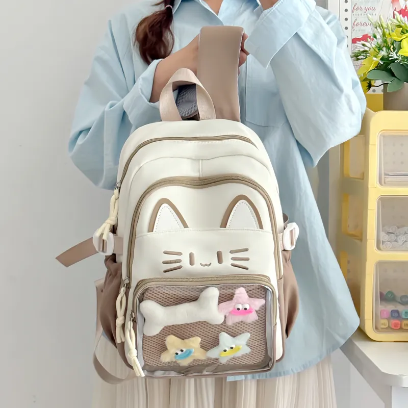 Meow In The Grass Nylon Backpack Regular Women's Blue/Khaki/Red/Pink/Black-10