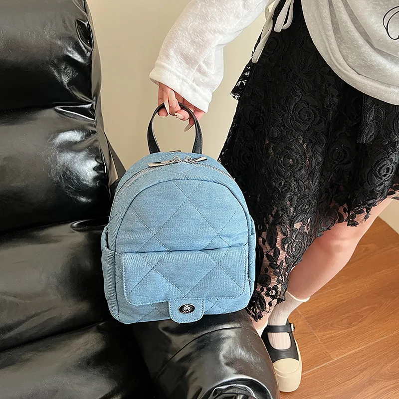 Meow In The Grass Denim Backpack Women's Light Blue/Dark Blue-5