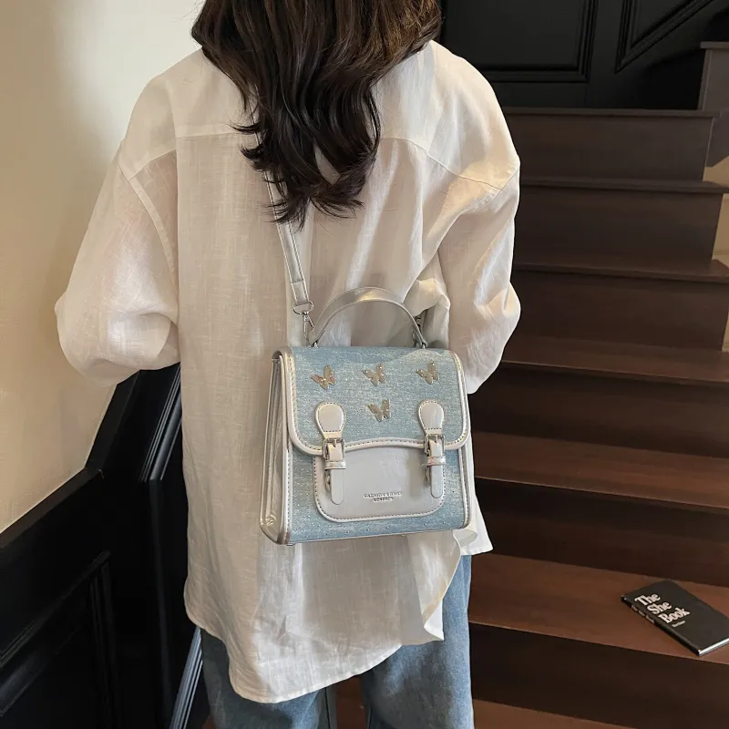 Meow In The Grass Denim Backpack Women's Multicolor-12