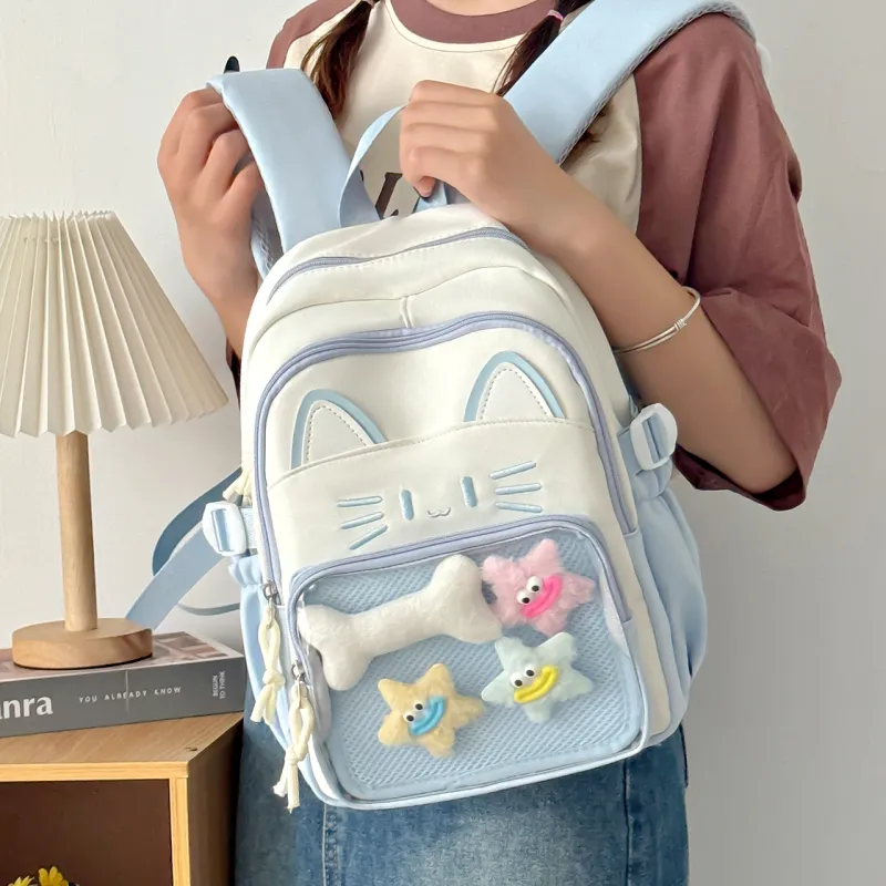 Meow In The Grass Nylon Backpack Regular Women's Blue/Khaki/Red/Pink/Black-3