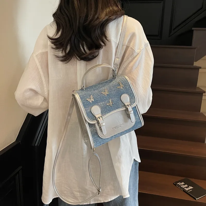 Meow In The Grass Denim Backpack Women's Multicolor-5