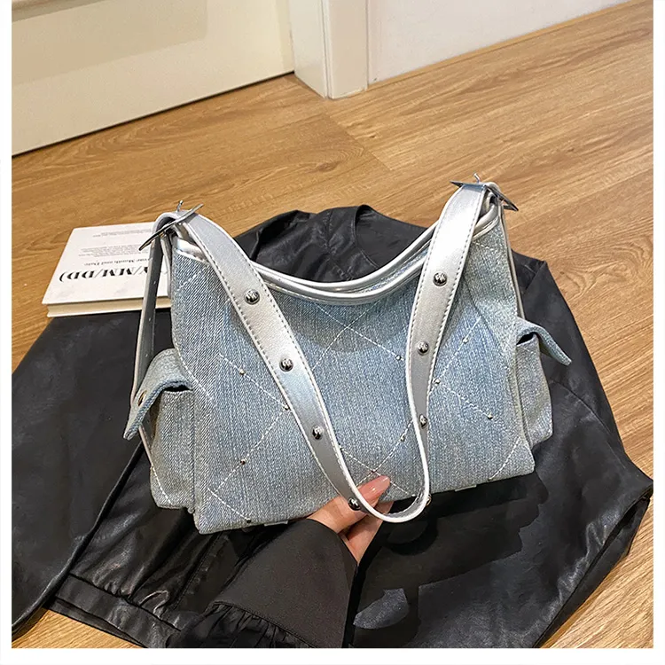 Meow In The Grass Denim Crossbody Underarm Shoulder Bag Women's Brown/Silver-13