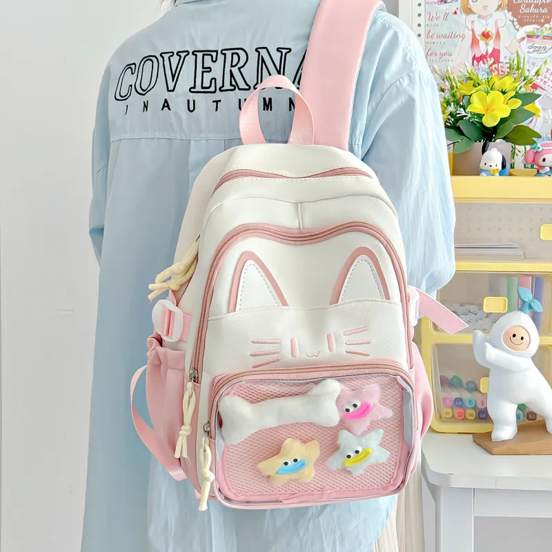 Meow In The Grass Nylon Backpack Regular Women's Blue/Khaki/Red/Pink/Black-19