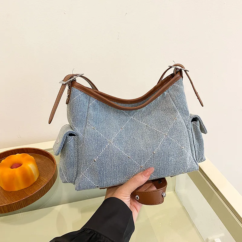 Meow In The Grass Denim Crossbody Underarm Shoulder Bag Women's Brown/Silver-6