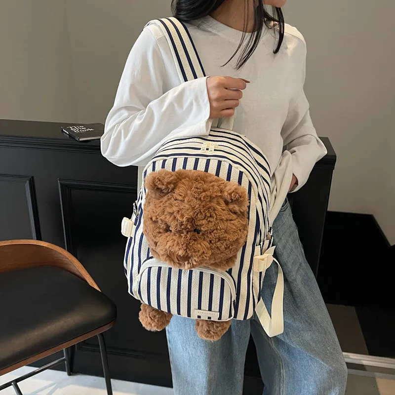 Meow In The Grass Canvas Backpack Women's Vertical Stripes/Khaki/Ecru-1