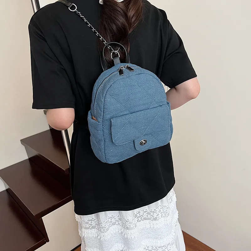 Meow In The Grass Denim Backpack Women's Light Blue/Dark Blue-10