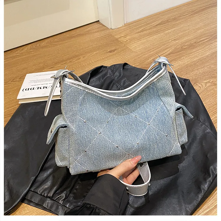 Meow In The Grass Denim Crossbody Underarm Shoulder Bag Women's Brown/Silver-12