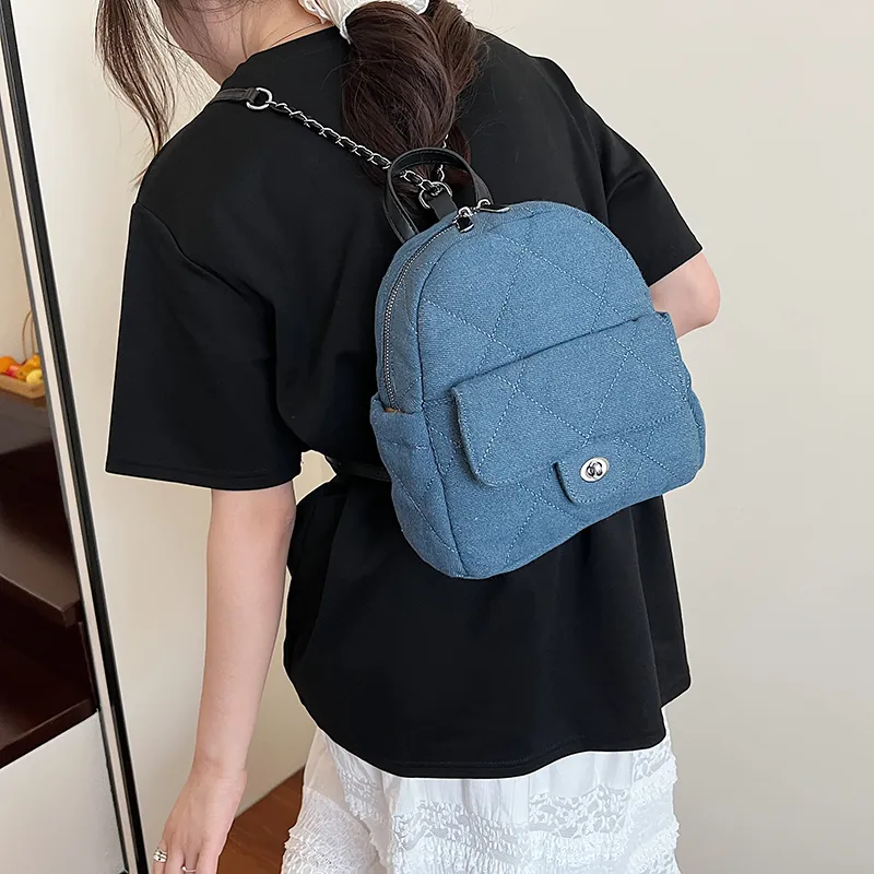 Meow In The Grass Denim Backpack Women's Light Blue/Dark Blue-11