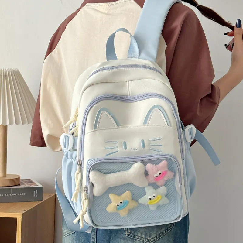 Meow In The Grass Nylon Backpack Regular Women's Blue/Khaki/Red/Pink/Black-1