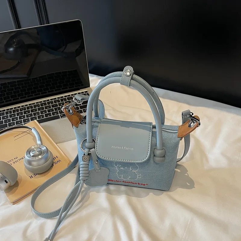 Meow In The Grass Denim Handbag Women's Blue-3