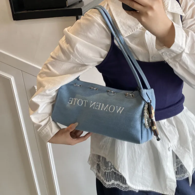 Meow In The Grass Denim One Shoulder Handbag Women's Multicolor-9