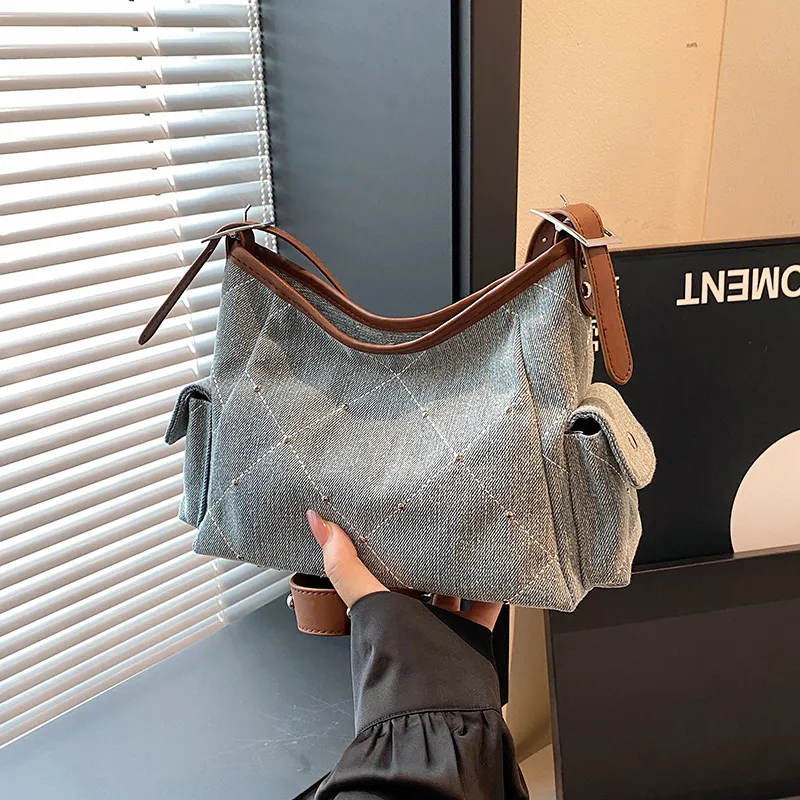 Meow In The Grass Denim Crossbody Underarm Shoulder Bag Women's Brown/Silver-1