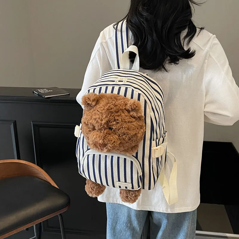 Meow In The Grass Canvas Backpack Women's Vertical Stripes/Khaki/Ecru-4