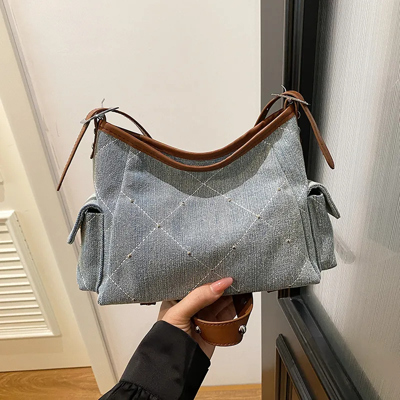 Meow In The Grass Denim Crossbody Underarm Shoulder Bag Women's Brown/Silver-7