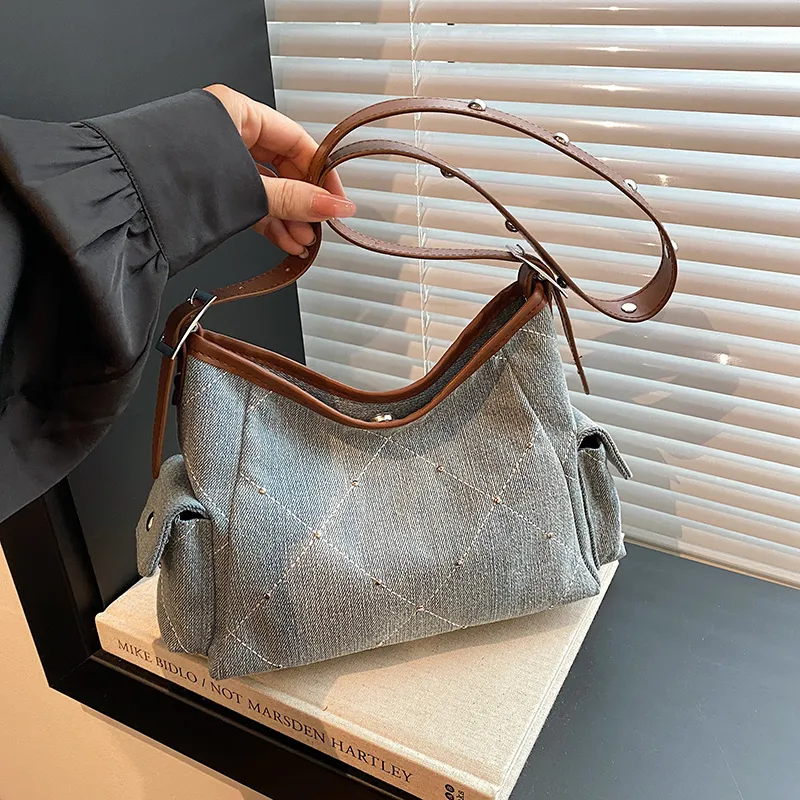 Meow In The Grass Denim Crossbody Underarm Shoulder Bag Women's Brown/Silver-3