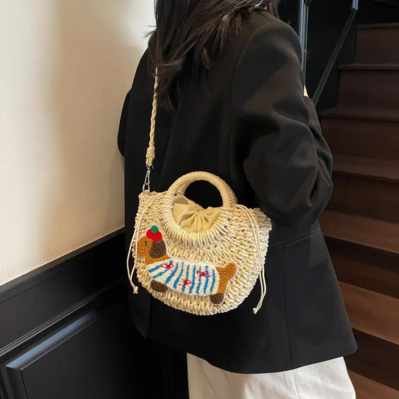 Meow In The Grass Straw Woven Shoulder Bag, Crossbody Bag, Handbag Women's Ecru/Khaki-4