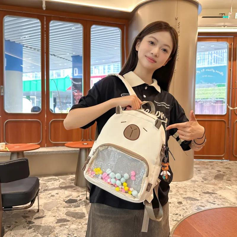 Meow In The Grass Nylon With PVC Backpack Unisex Black/White/Light Khaki/Dark Khaki/Blue-10