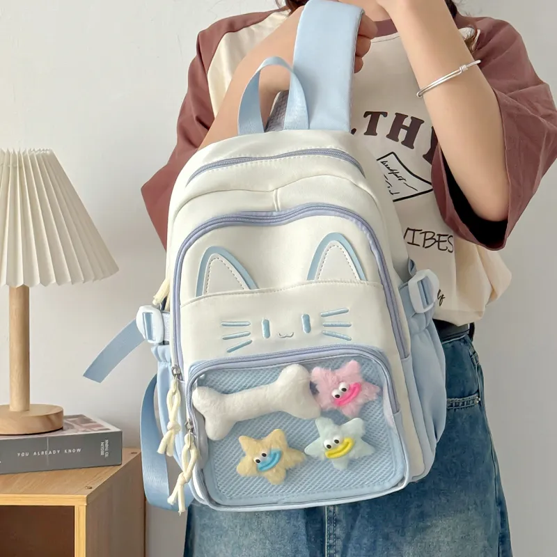 Meow In The Grass Nylon Backpack Regular Women's Blue/Khaki/Red/Pink/Black-4