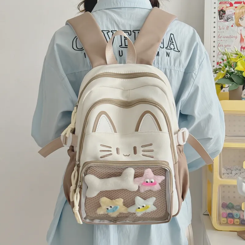 Meow In The Grass Nylon Backpack Regular Women's Blue/Khaki/Red/Pink/Black-8