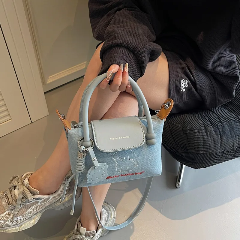 Meow In The Grass Denim Handbag Women's Blue-5