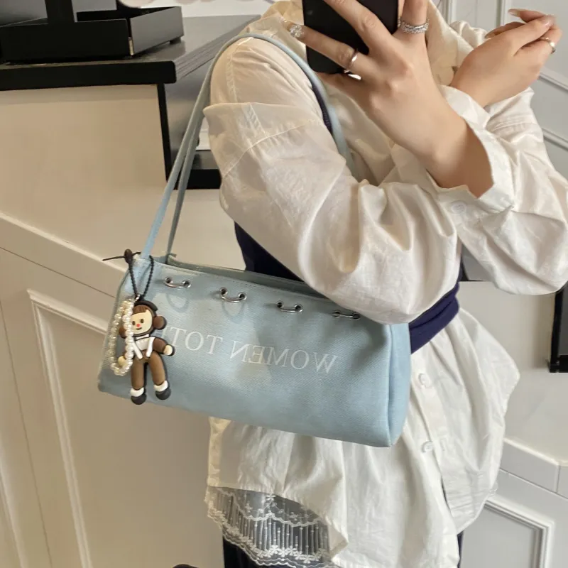 Meow In The Grass Denim One Shoulder Handbag Women's Multicolor-21
