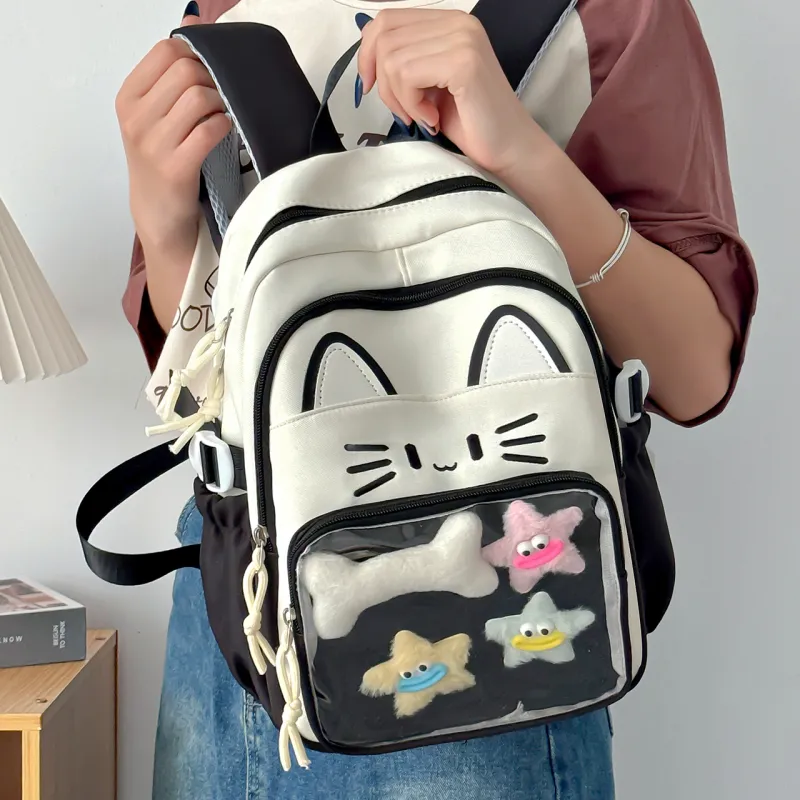 Meow In The Grass Nylon Backpack Regular Women's Blue/Khaki/Red/Pink/Black-27