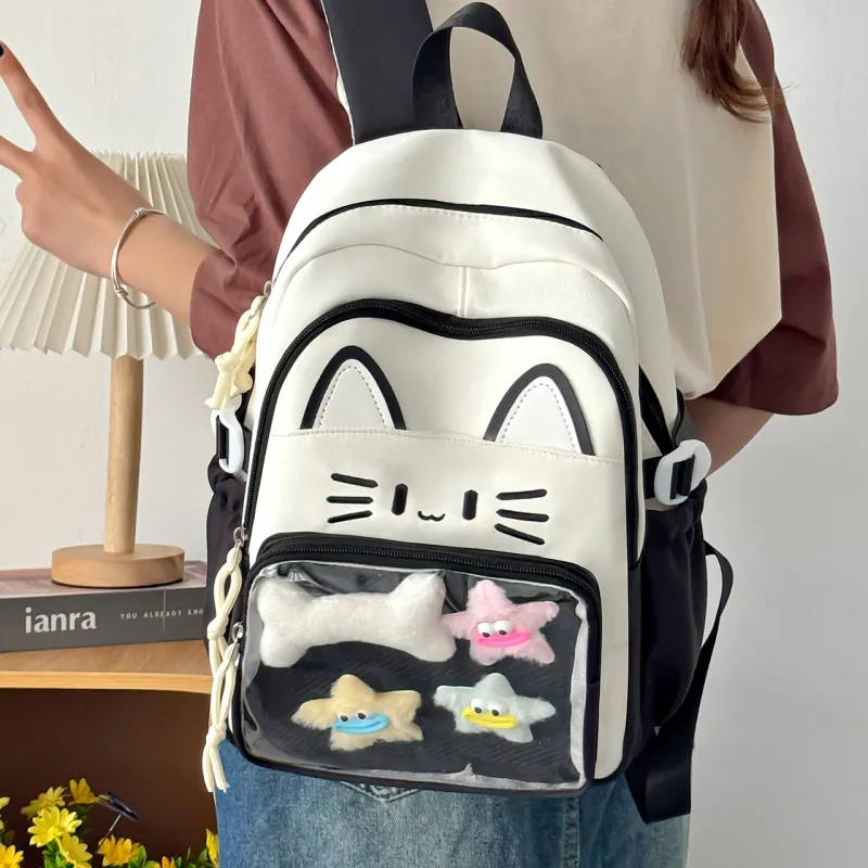 Meow In The Grass Nylon Backpack Regular Women's Blue/Khaki/Red/Pink/Black-26