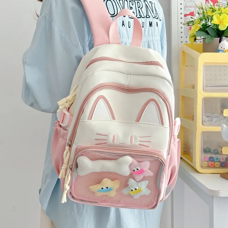 Meow In The Grass Nylon Backpack Regular Women's Blue/Khaki/Red/Pink/Black-21