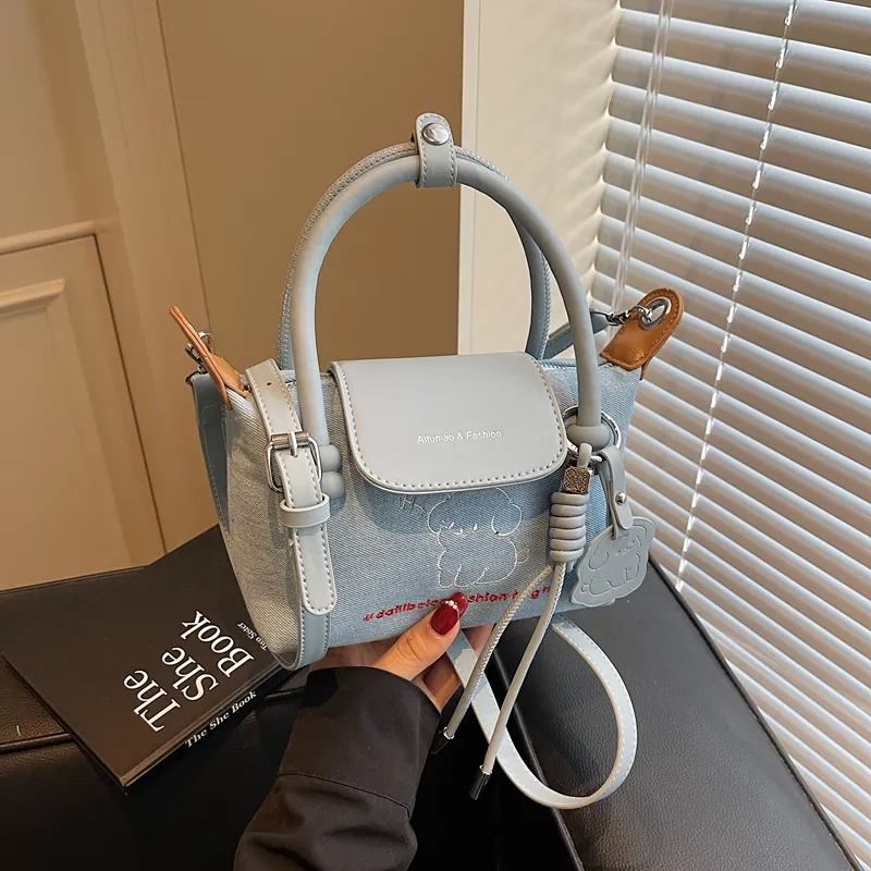 Meow In The Grass Denim Handbag Women's Blue-1
