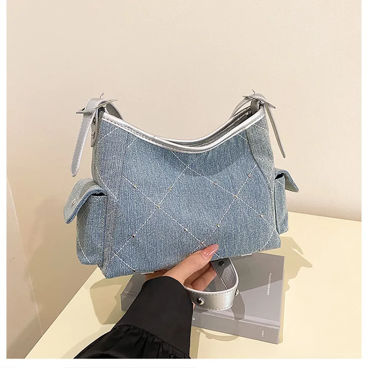 Meow In The Grass Denim Crossbody Underarm Shoulder Bag Women's Brown/Silver-11