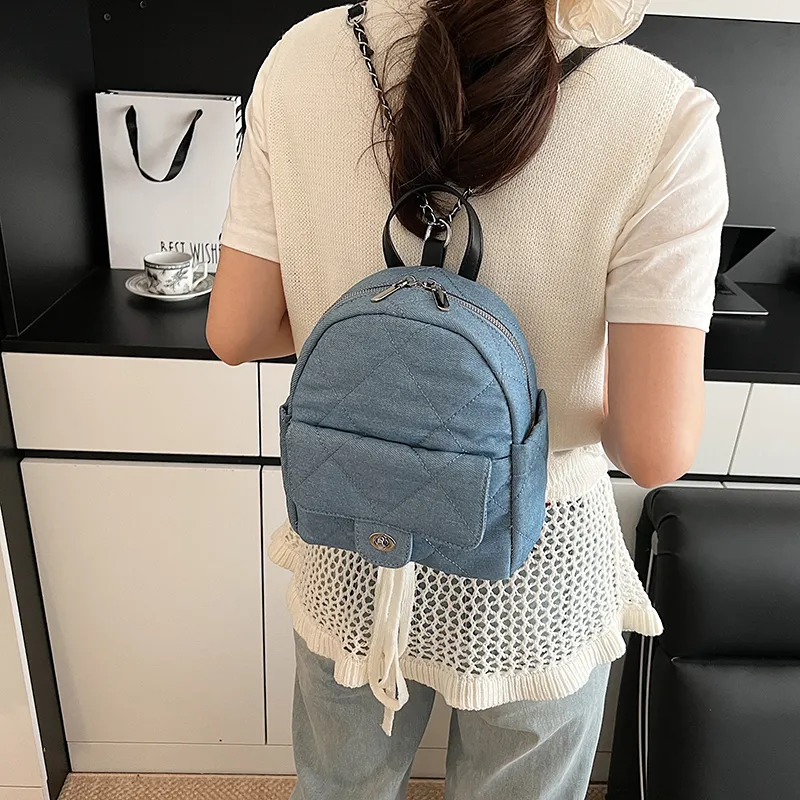 Meow In The Grass Denim Backpack Women's Light Blue/Dark Blue-2