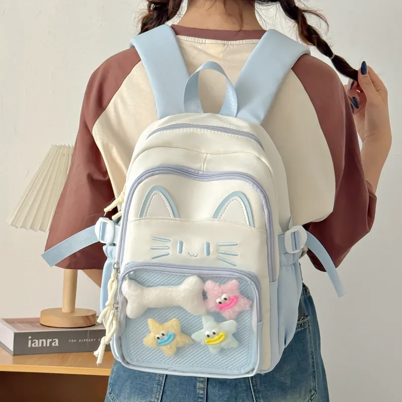 Meow In The Grass Nylon Backpack Regular Women's Blue/Khaki/Red/Pink/Black-2