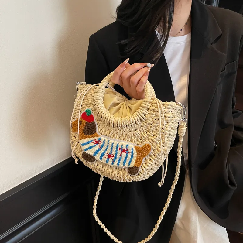 Meow In The Grass Straw Woven Shoulder Bag, Crossbody Bag, Handbag Women's Ecru/Khaki-1