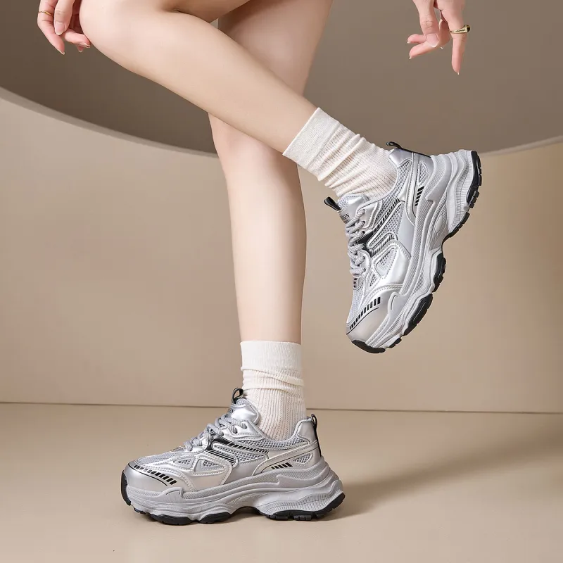Little Red Man Low Top Chunky Sneakers Women's Silver-3