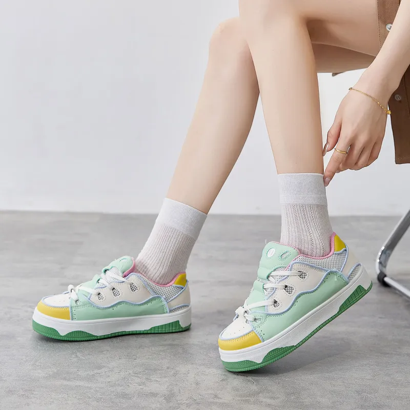 Yiya Dopamine Dressing Versatile Minimalist Style Low-Top Skateboard Shoes Women's Green Yellow-7