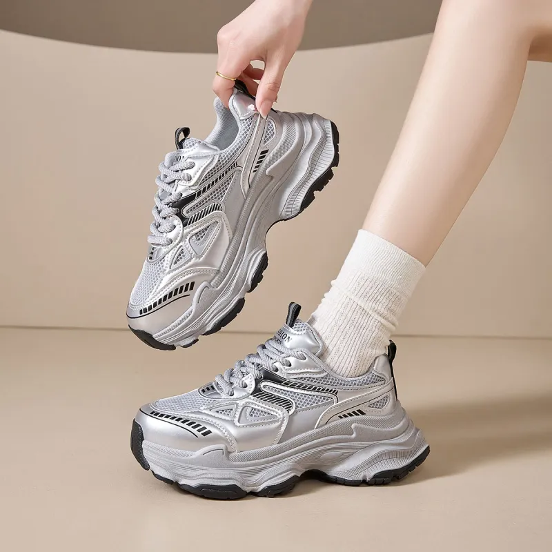 Little Red Man Low Top Chunky Sneakers Women's Silver-5