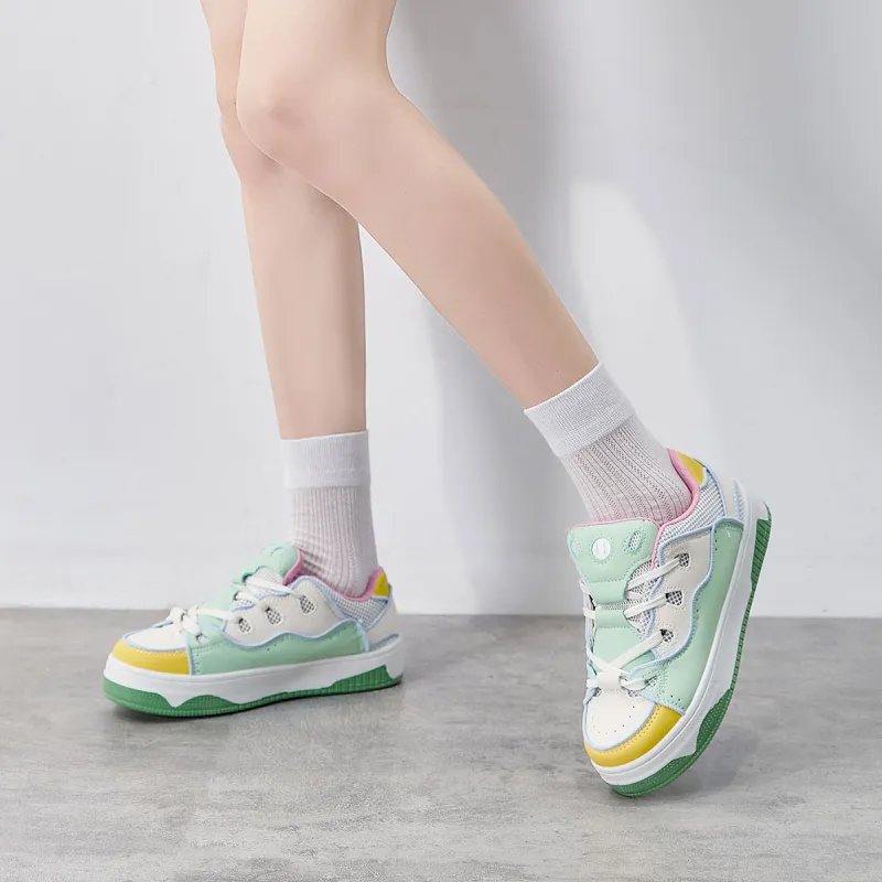 Yiya Dopamine Dressing Versatile Minimalist Style Low-Top Skateboard Shoes Women's Green Yellow-8
