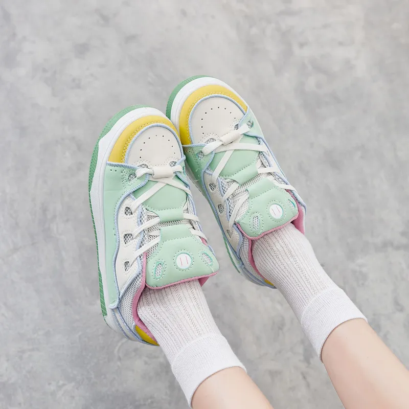 Yiya Dopamine Dressing Versatile Minimalist Style Low-Top Skateboard Shoes Women's Green Yellow-6