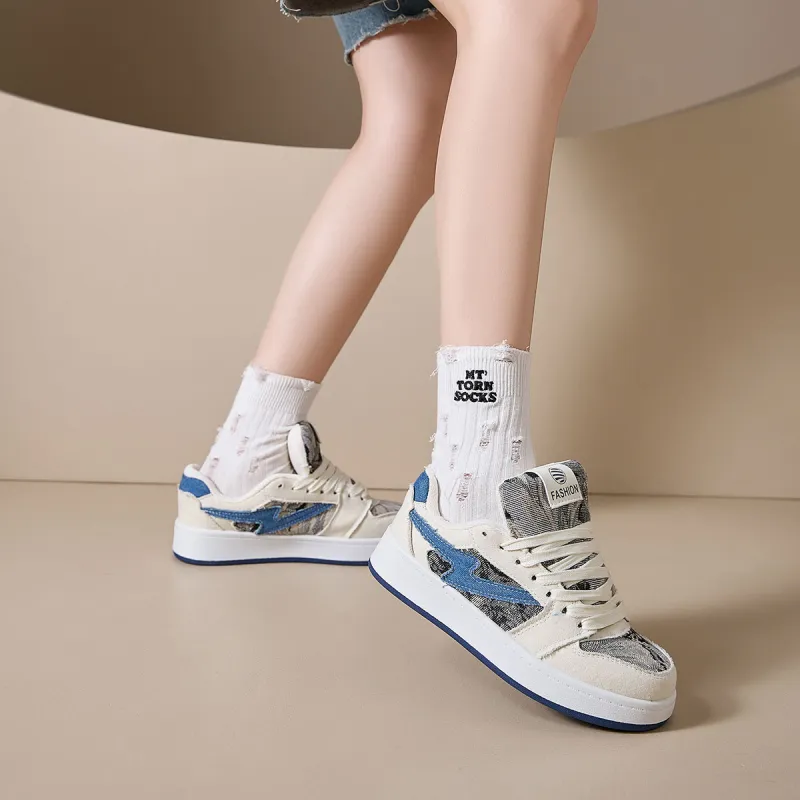 Yiya Anti Slip And Wear Resistant Height Increasing Low Top Skateboard Shoes Women's Denim Blue-3