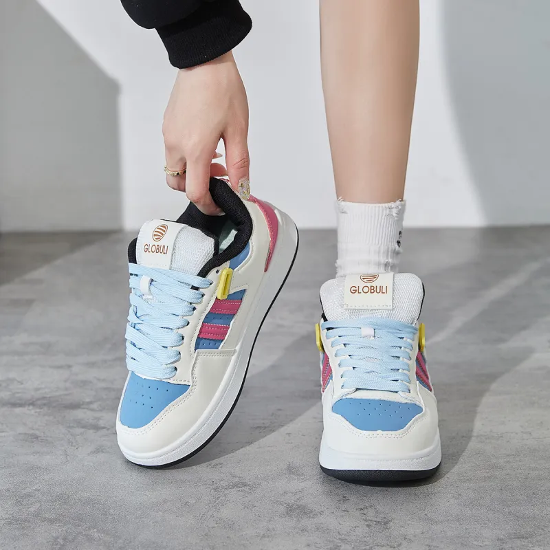 Little Red Man Low Top Skateboard Shoes Women's Gray Blue-30